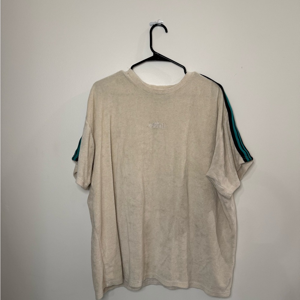 Boohoo Mens Beige Tee with Teal Stripes